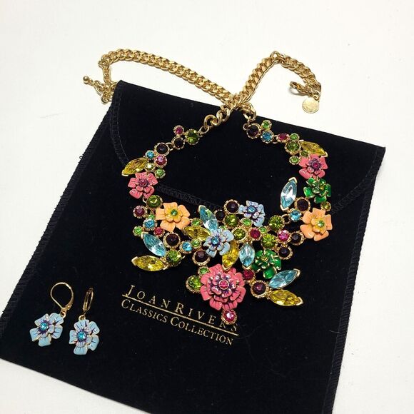 Joan Rivers Enamel Crystal 21" Necklace Earrings Statement Flowers cluster Fairy - Picture 1 of 14